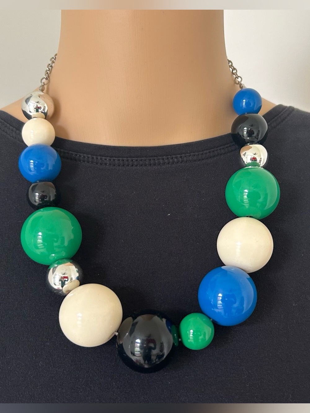 Bold Green, Blue and White Statement Beaded Necklace